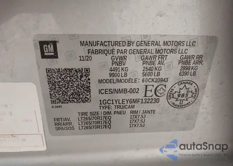 2021 Chevrolet Silverado 2500Hd Work Truck z USA, uszkodzony, nr VIN 1GC1YLEY6MF132230